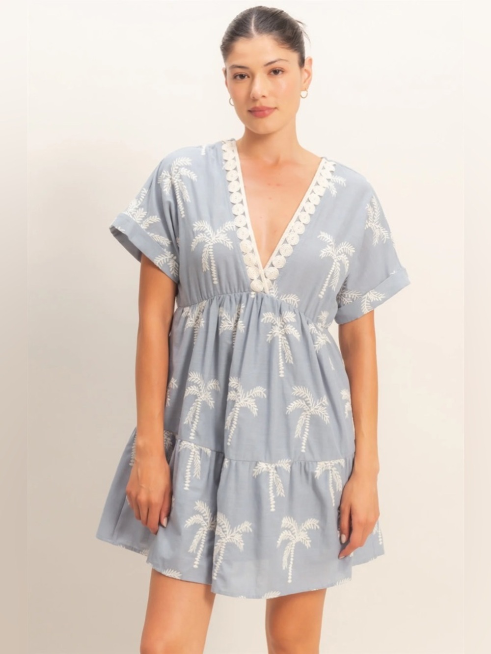 NEW HYFVE Blue Palm Print Tiered V-Neck Mini Dress Size Small Cotton Lace Trim